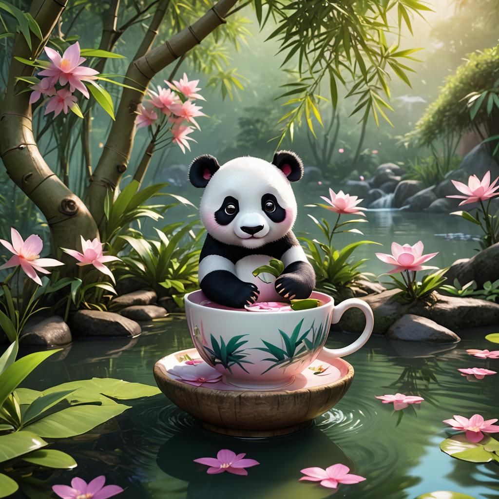 Cute Pink Panda in Teacup: 3D Digital Art