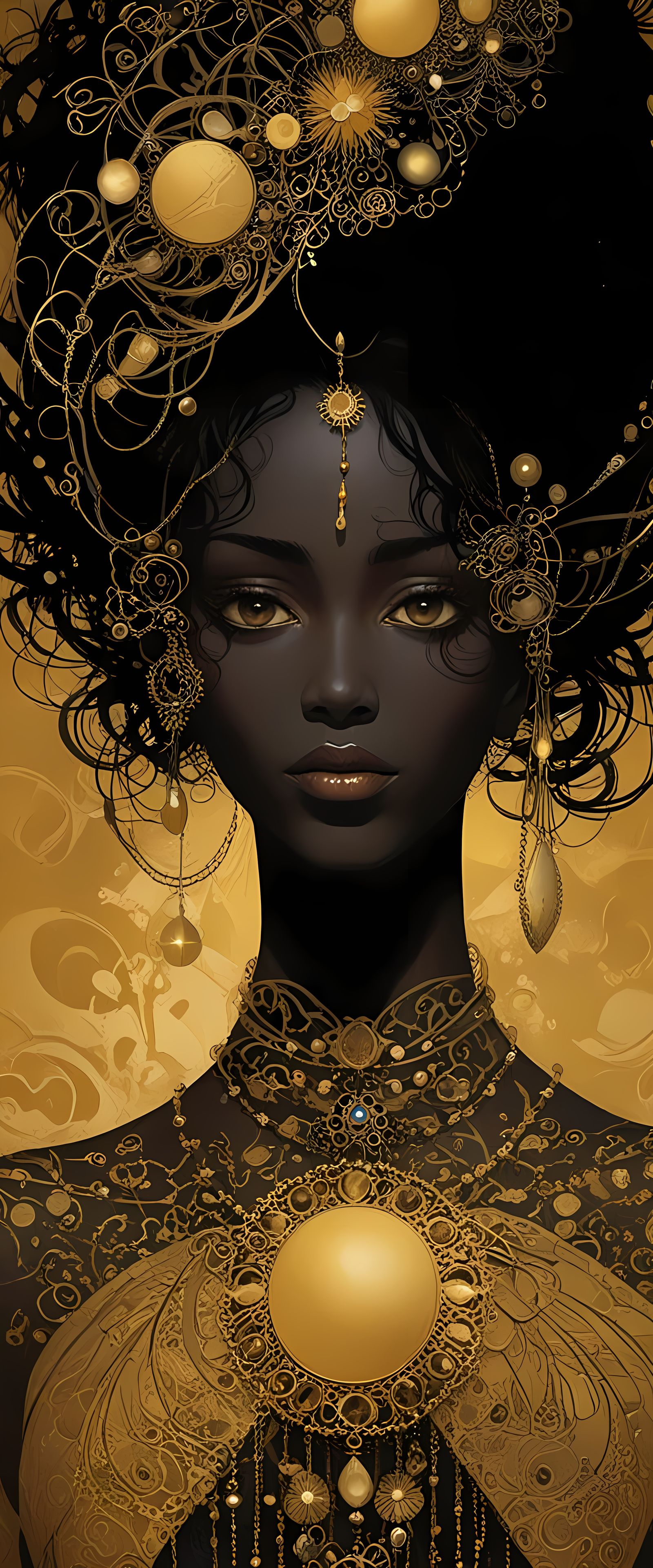 Ethereal Dark Figure Adorned with Vibrant Gold Jewelry
