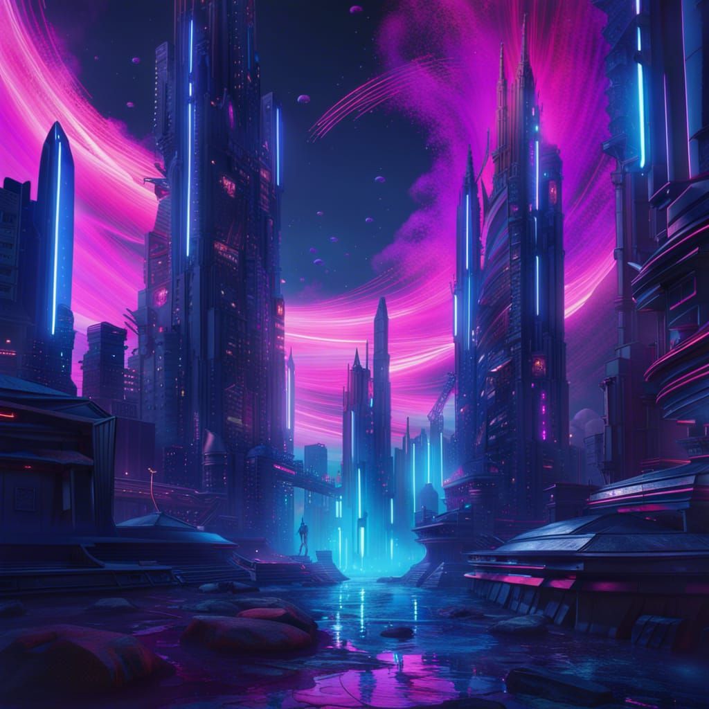 Vaporwave Feudal Future City in Detailed Matte Painting