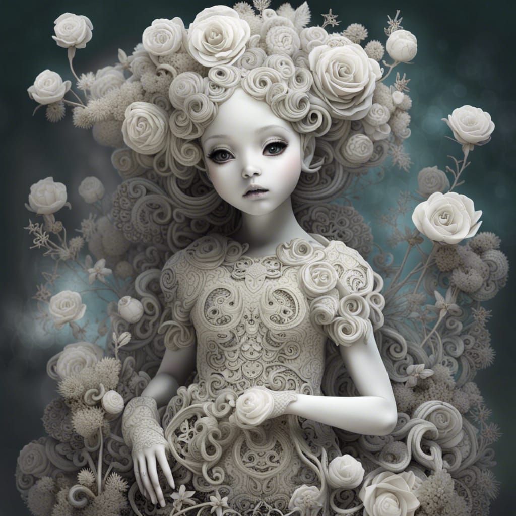 Ethereal Lace Ghost Girl in Moonlit Garden