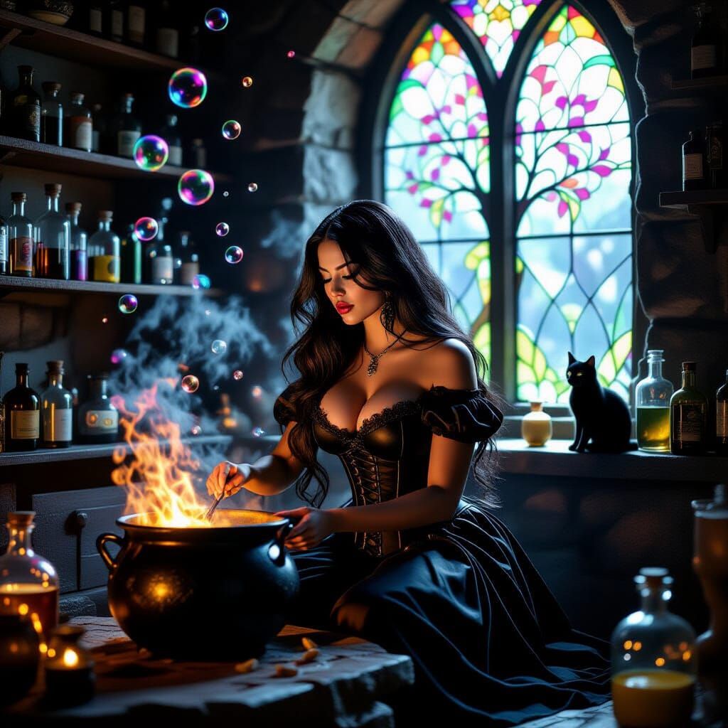 Hispanic Witch Scrubbing Cauldron Amidst Rainbow Bubbles