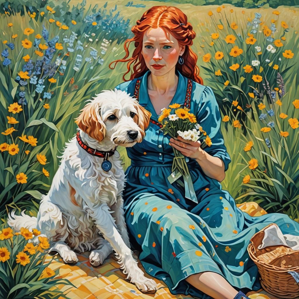 Woman with Dog in Sunflower Field, Van Gogh Style