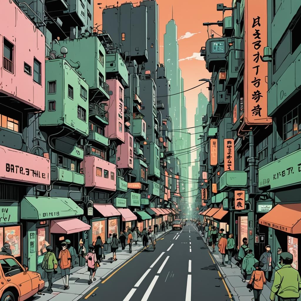Futuristic Metropolis Cartoon in Ghibli Style