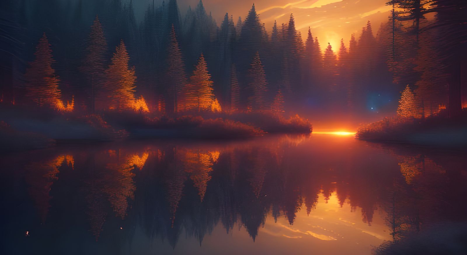 Aurora Sunset Over Fantasy Forest Lake