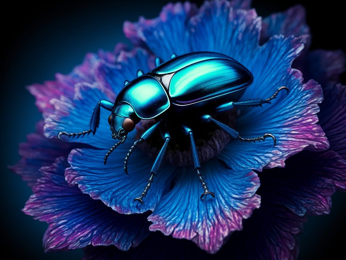 Blue Metallic Beetle on Vivid Abstract Flowers