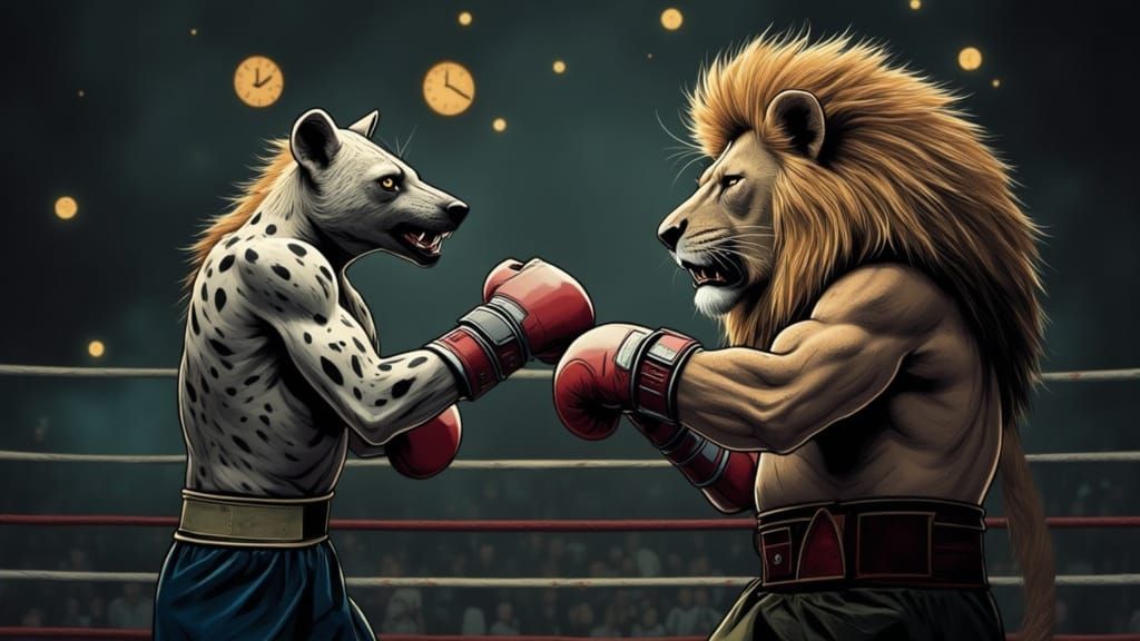 a hyena fighting a lion