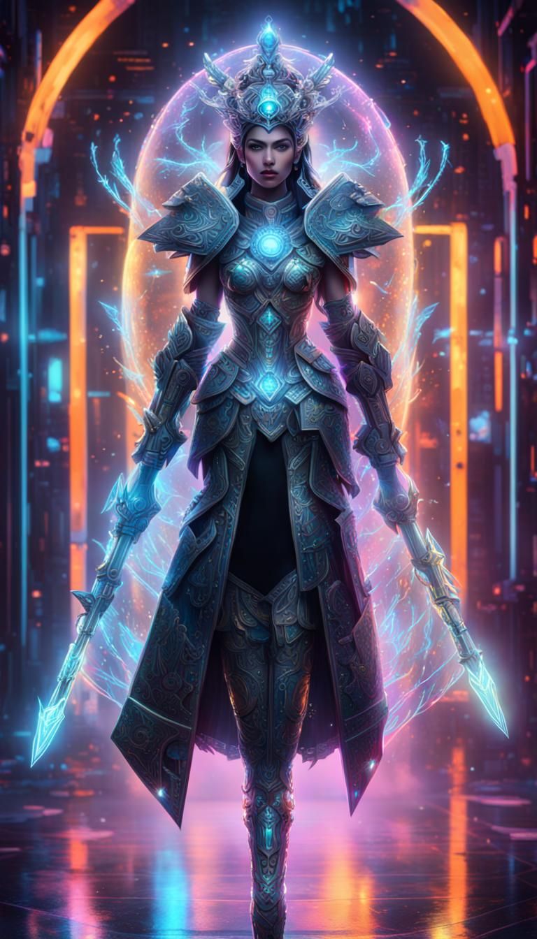Neon Crystal Warrior Princess in Holographic Techcore Style