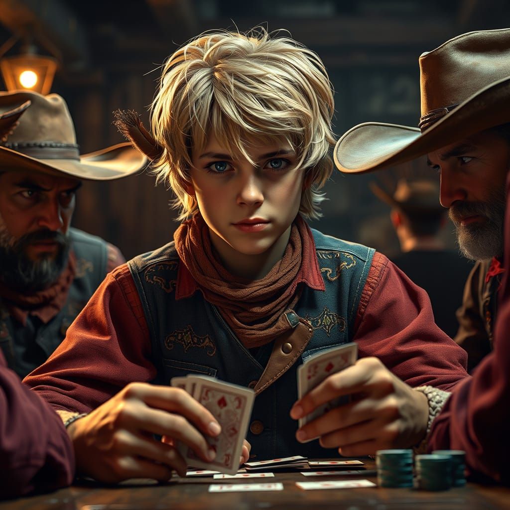 Cowboy Teenager Playing Cards in Saloon, Hyper-Realistic Art