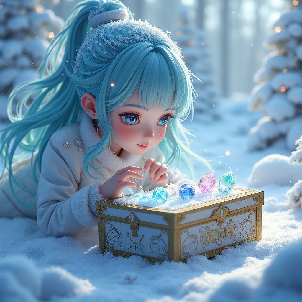 Woman Finds Gemstones in Christmas Snow Globe, Anime Style