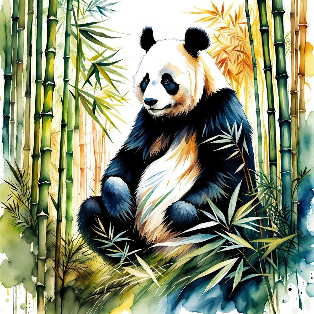 Panda in Bamboo Forest Watercolor Illustration