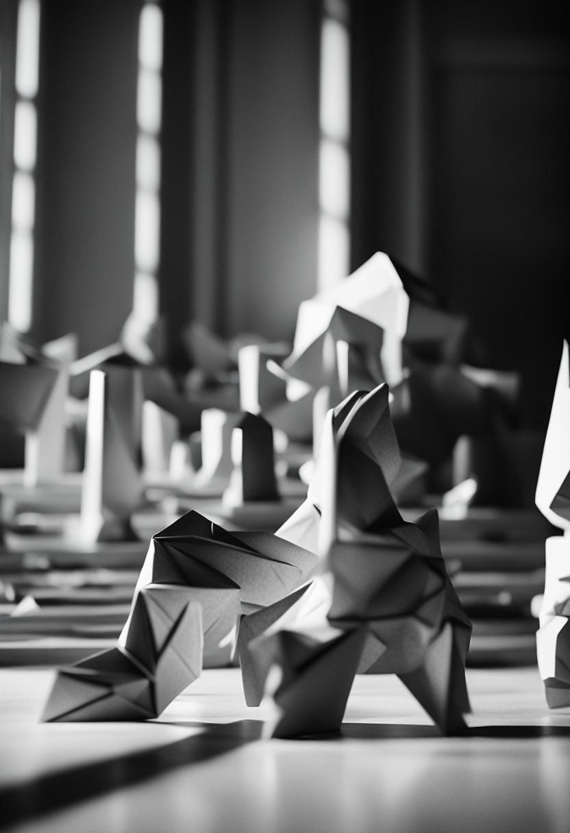 Origami Creature Unfolding in Abandoned Library: Film Noir