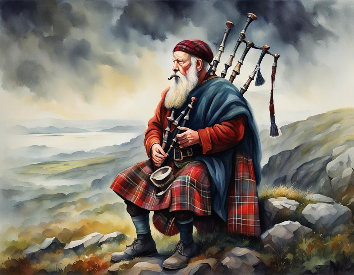 Bagpiper in Ancient Scotland Watercolor Painting