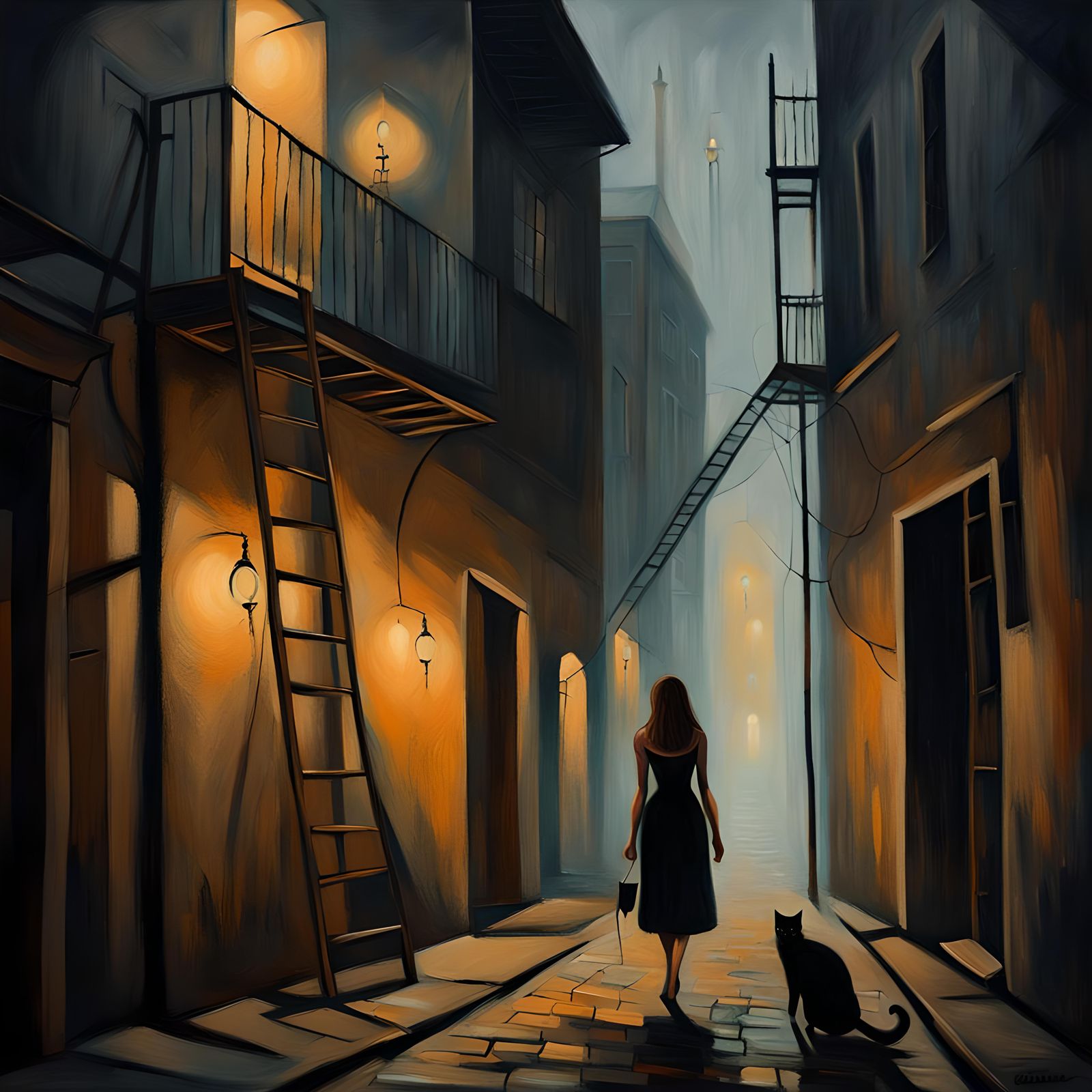 Black Cat Following A Woman Down A Dark Alleyway
