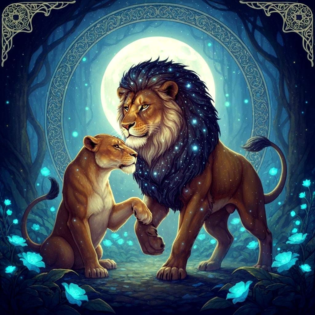 Starlight Lions Dancing in Moonlit Glade, Art Nouveau Style