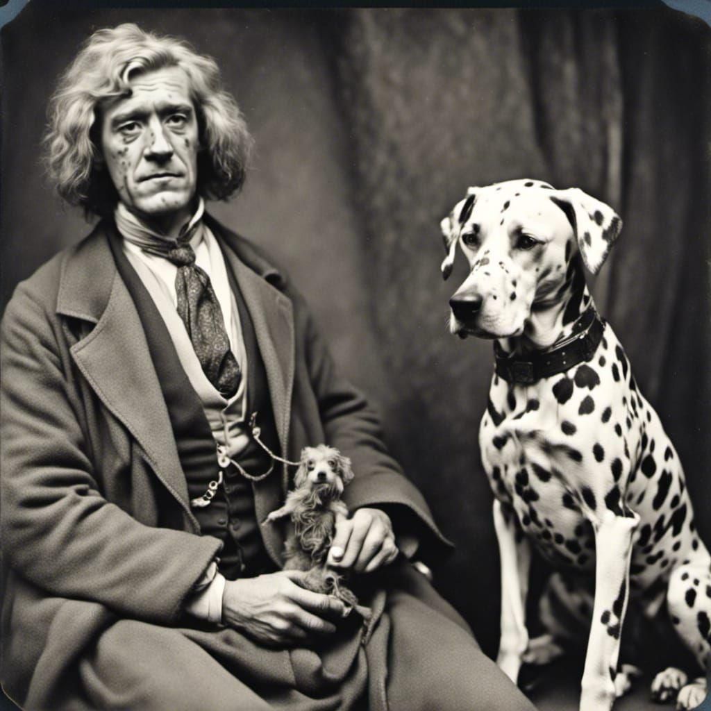 <lora:Strange Photo Album:1.0> A man with a Dalmatian dog sa...