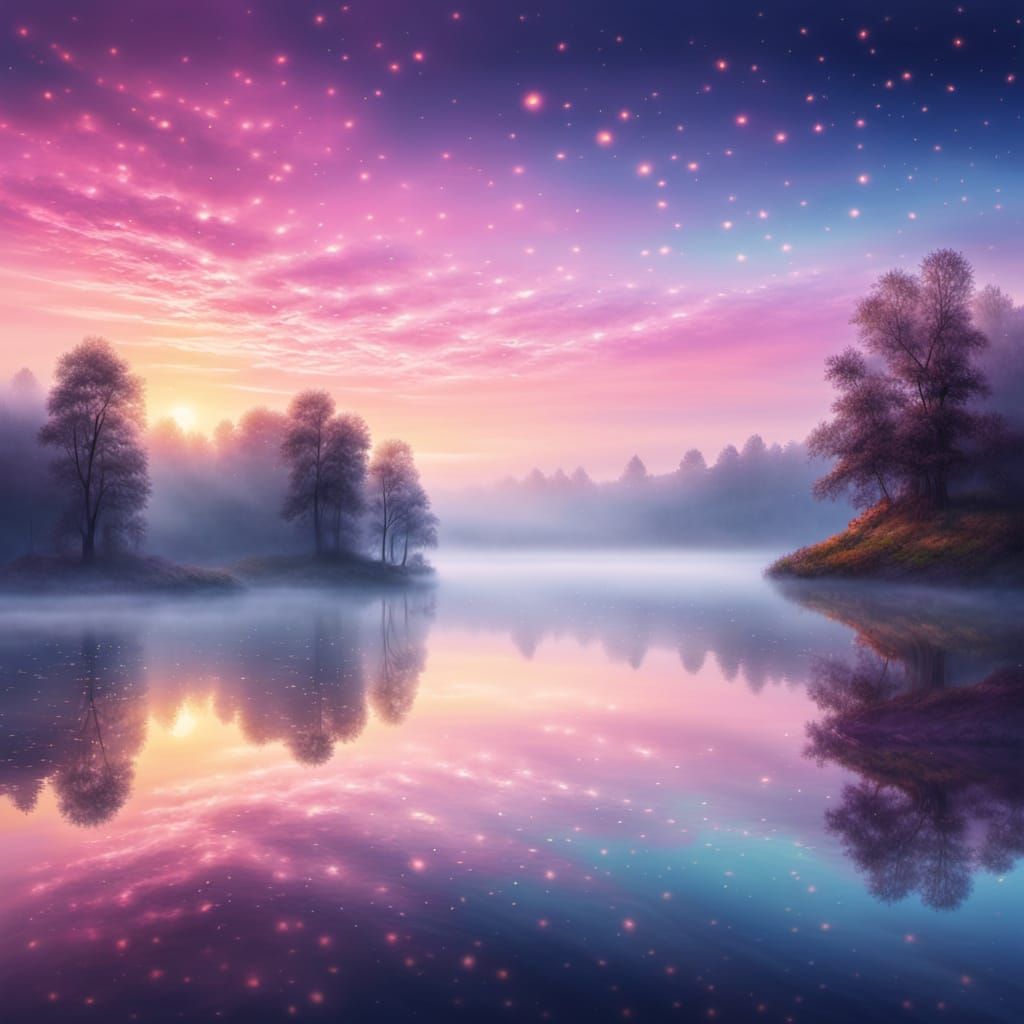 Dreamy Lake: Surreal Oil Painting in Morning Mist