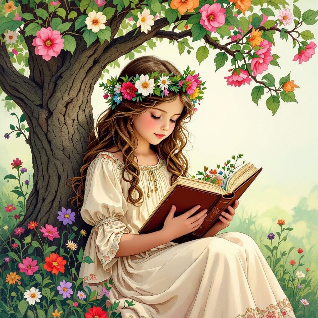 Girl Reading Under Blossom Tree With Flowers Erupting From B...