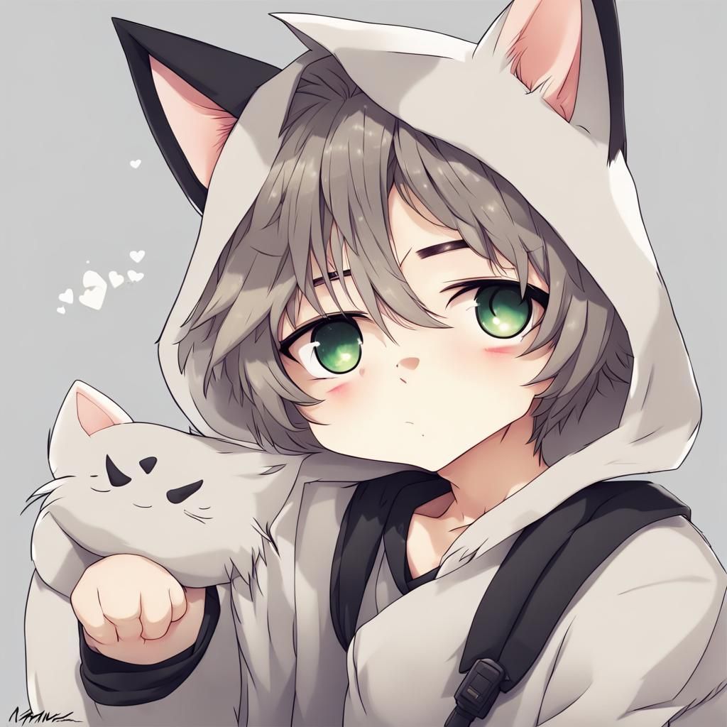 Cute Anime Catboy in Manga Style