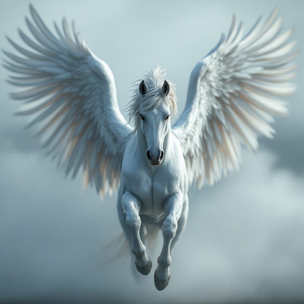 Majestic Dapple White Pegasus in Ethereal Fog