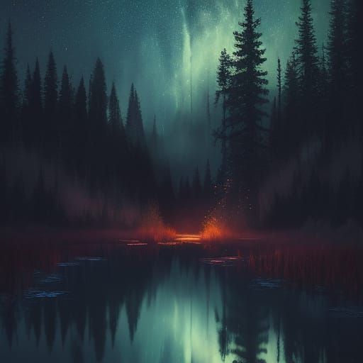 Night Plane Crash in Forest with Shooting Stars