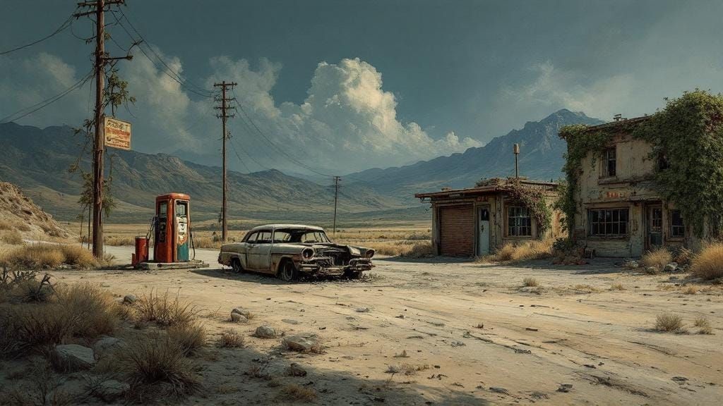 Post-Apocalyptic Gas Station Ruins in Oil Painting Style
