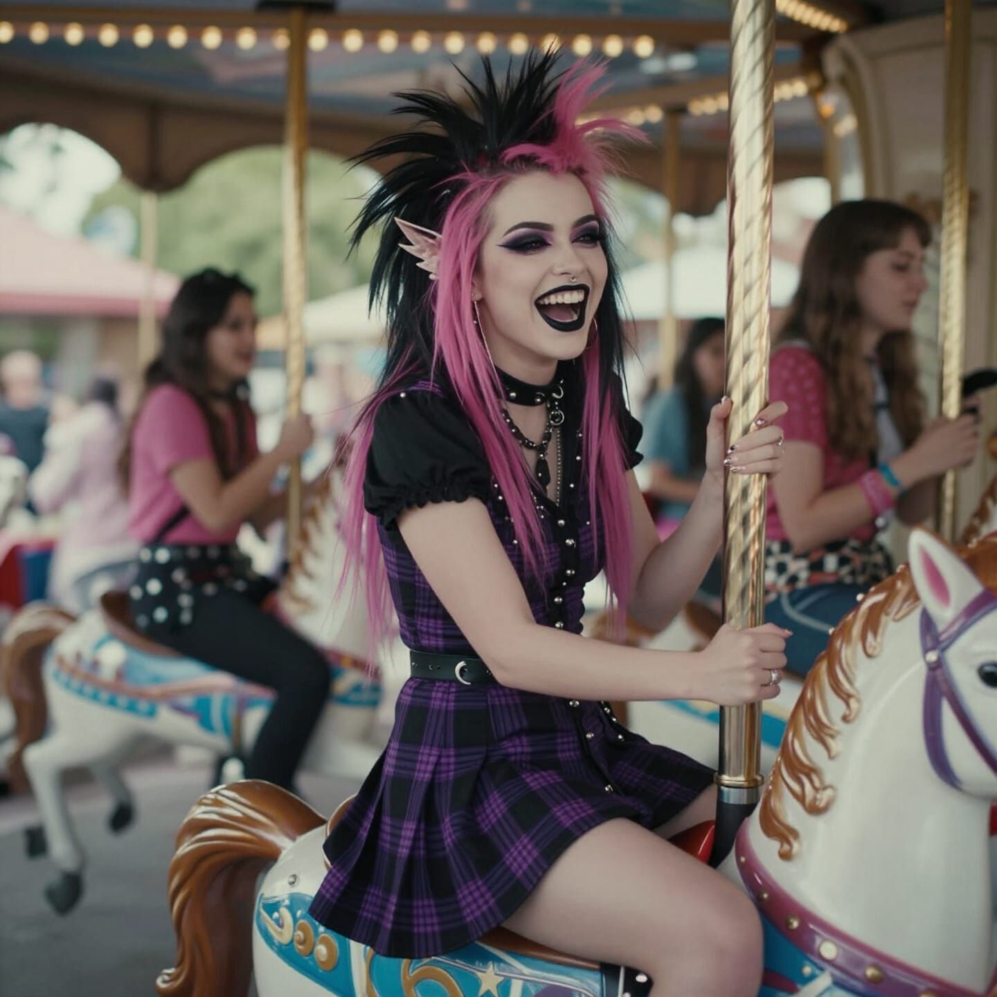 Punk Girl Laughing on Carousel