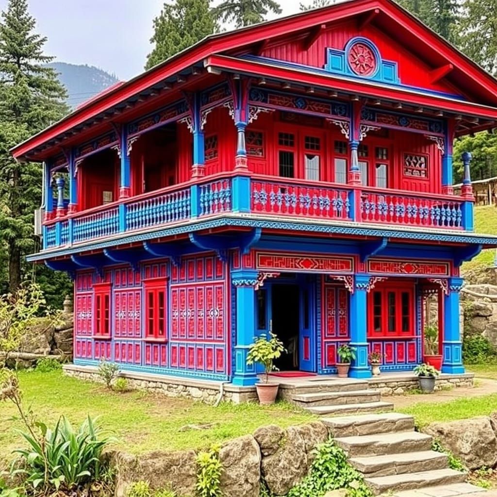 Traditional Nepali House with Red and Blue Architecture