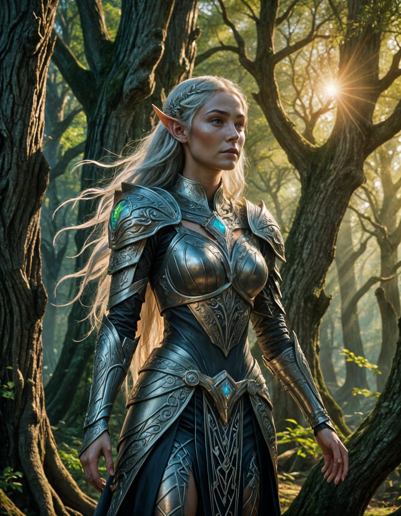 Elven Queen in Sunlit Forest, Surreal Digital Matte Painting