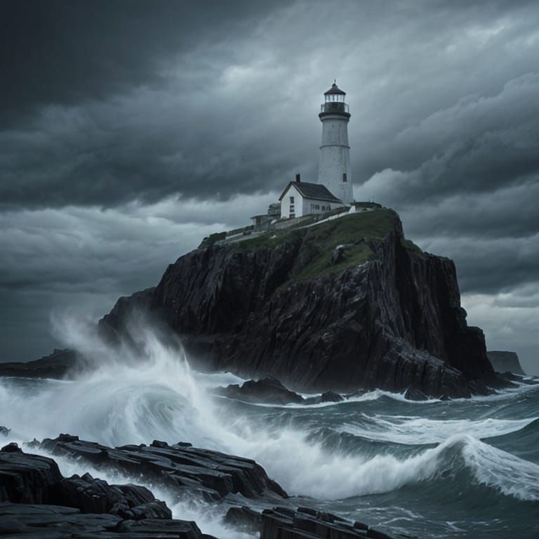 Ancient Lighthouse in Stormy Sea, Photorealistic Landscape
