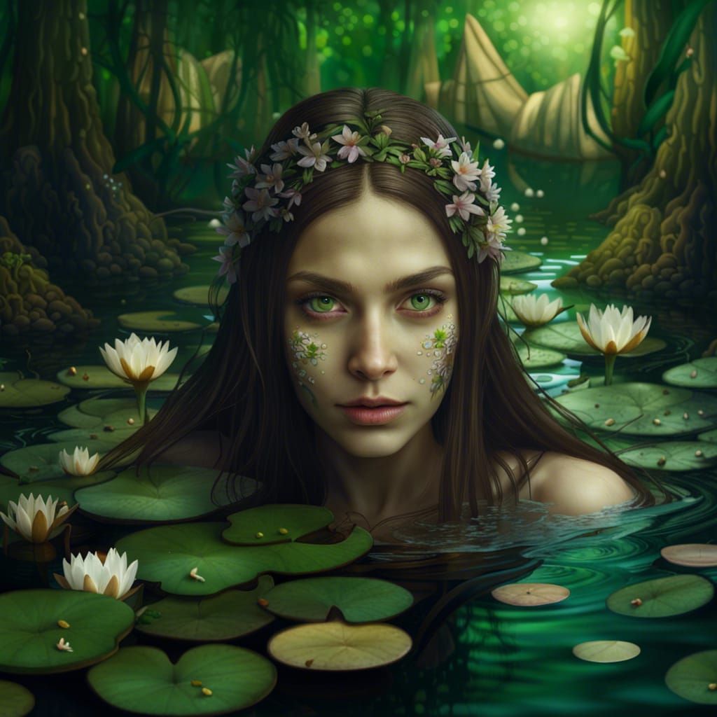 Girl Bathing in River with Water Lilies