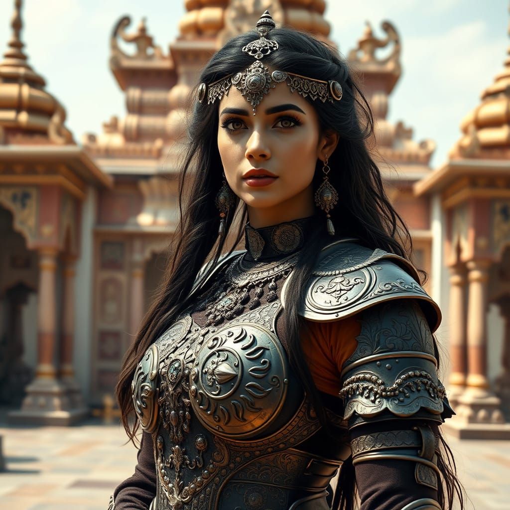 Warrior of worlds in divine armor stands