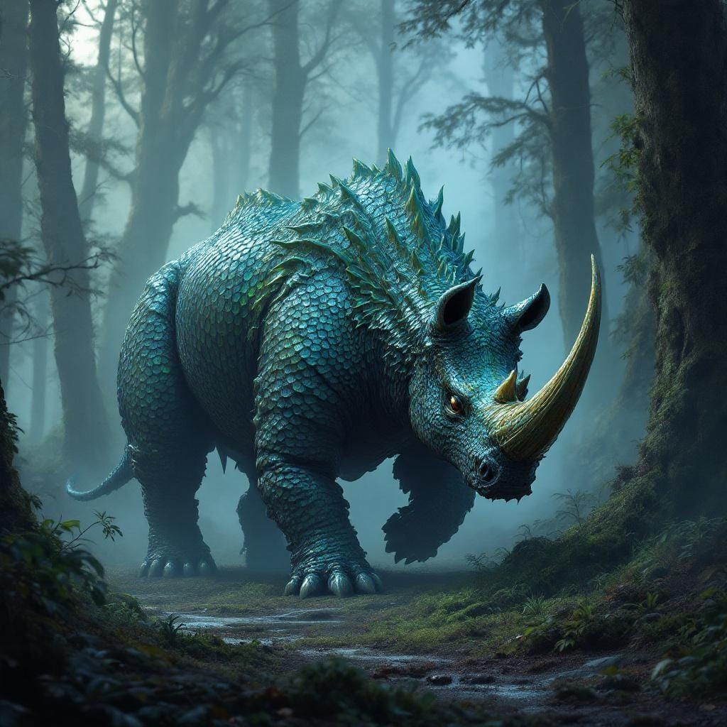Armored Postosuchus-Rhino Hybrid in Eerie Forest