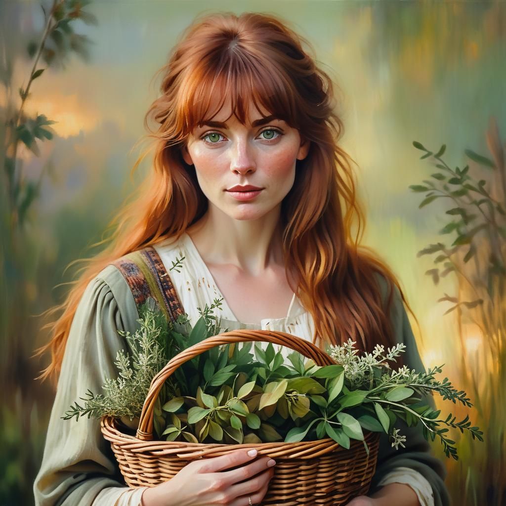 Boho Woman with Herbs: Oil Portrait in Old Masters Style