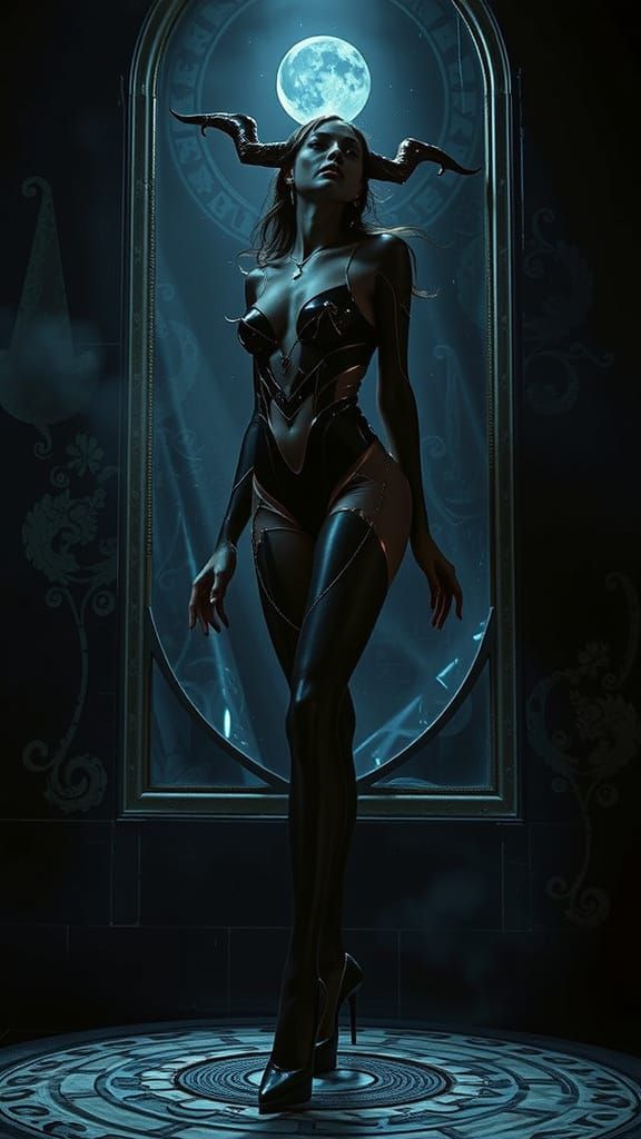 Surrealist Demoness in Art Nouveau Bodysuit Dances Under Moo...