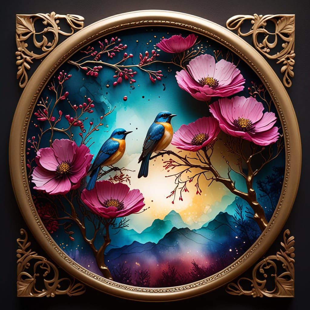 Alcohol Ink Art: Cosmos Flowers, Clouds, and Bluebird