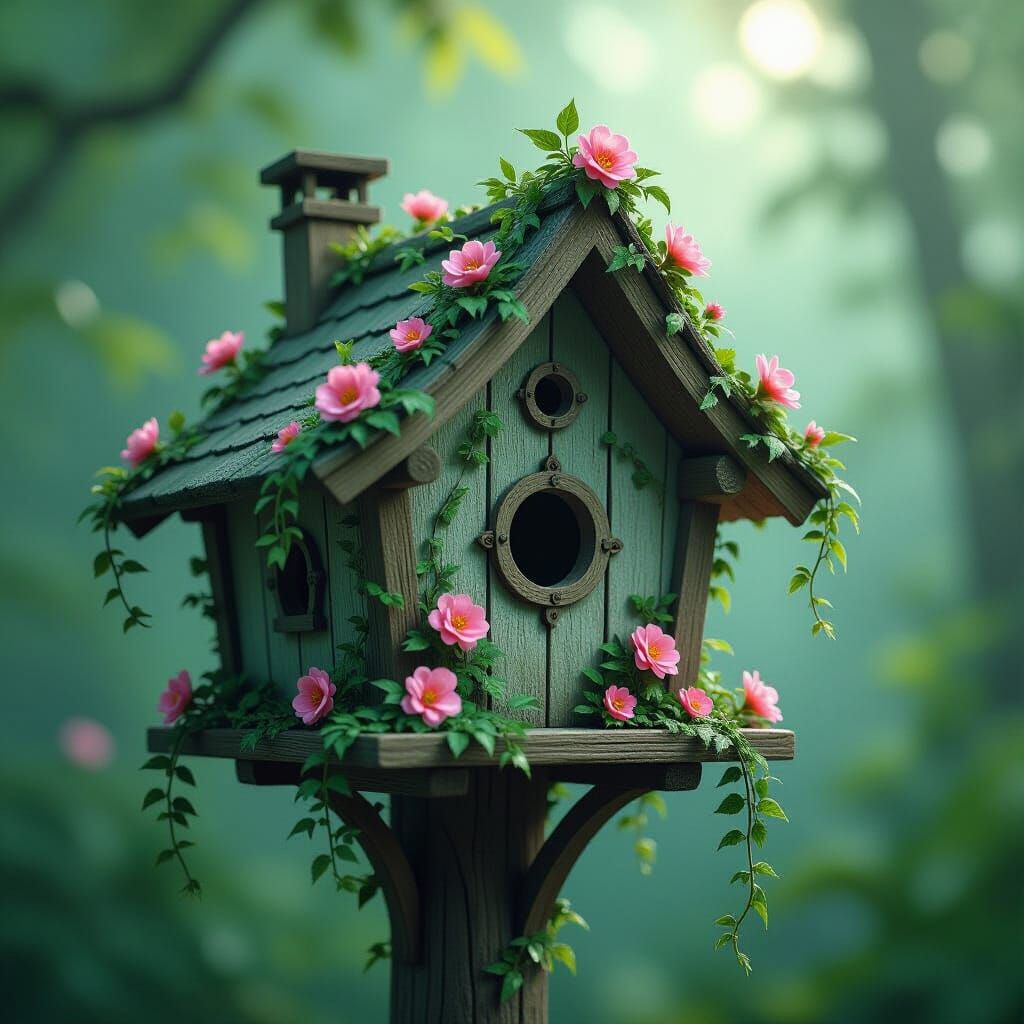 Detailed Birdhouse with Vines in Digital Matte Painting Styl...