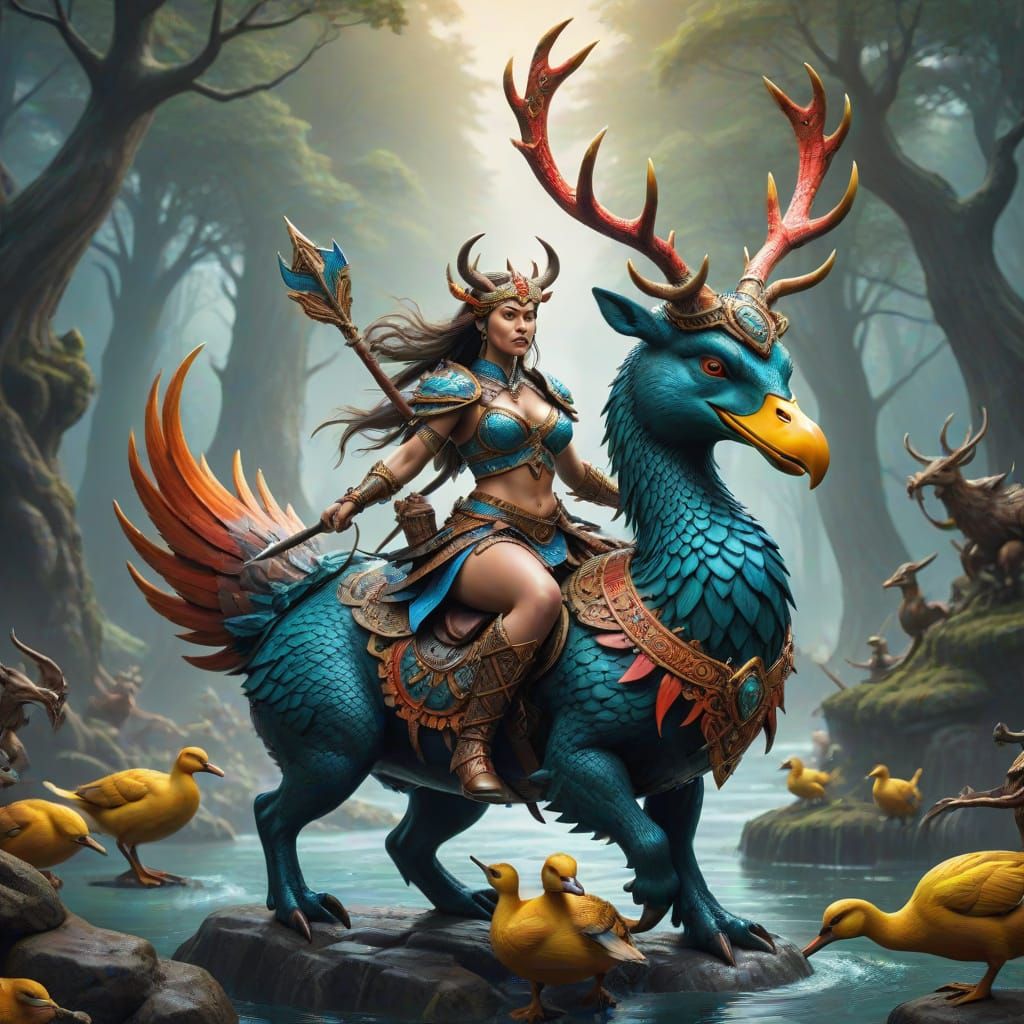 Vibrant Woman Warrior Rides Antlered Duck Beast