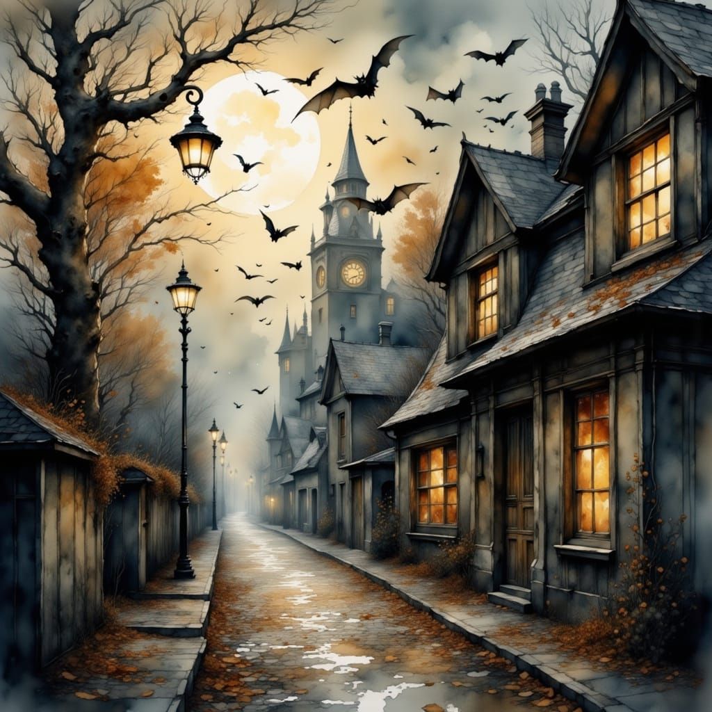 Foggy Autumn Street with Flickering Lamps