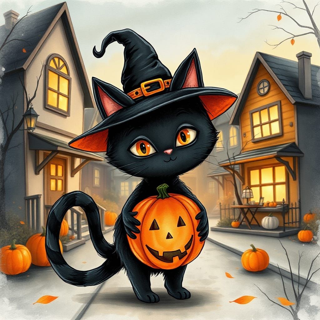 Halloween Cat Trick-or-Treating in Watercolor Style
