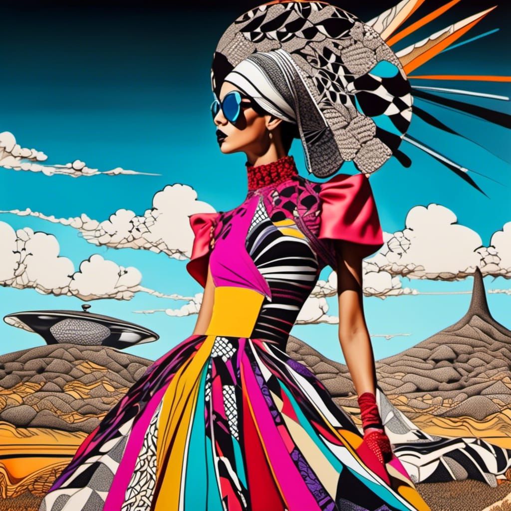 Ink doodle on photo collage, irratic zentangle line drawing, multilayered fashion photography, sardinic model in uncanny...