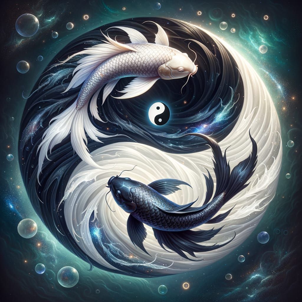 Elegant Koi Fish in Yin Yang Circle, Symbolizing Balance and...