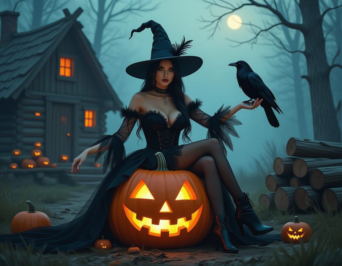 Mysterious Witch on Glowing Pumpkin at Twilight
