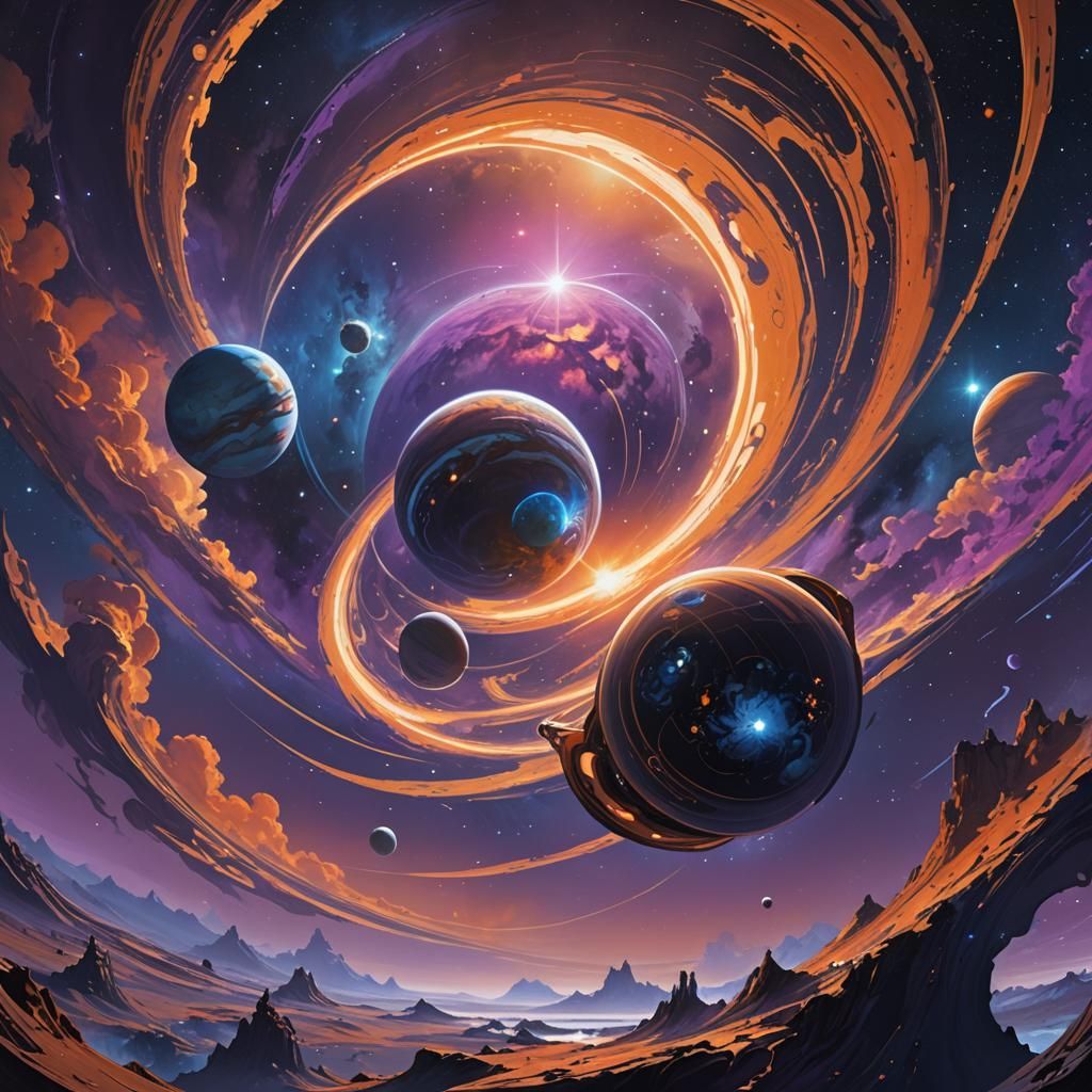 Fantasy Planetary System Concept Art in Syd Mead Style