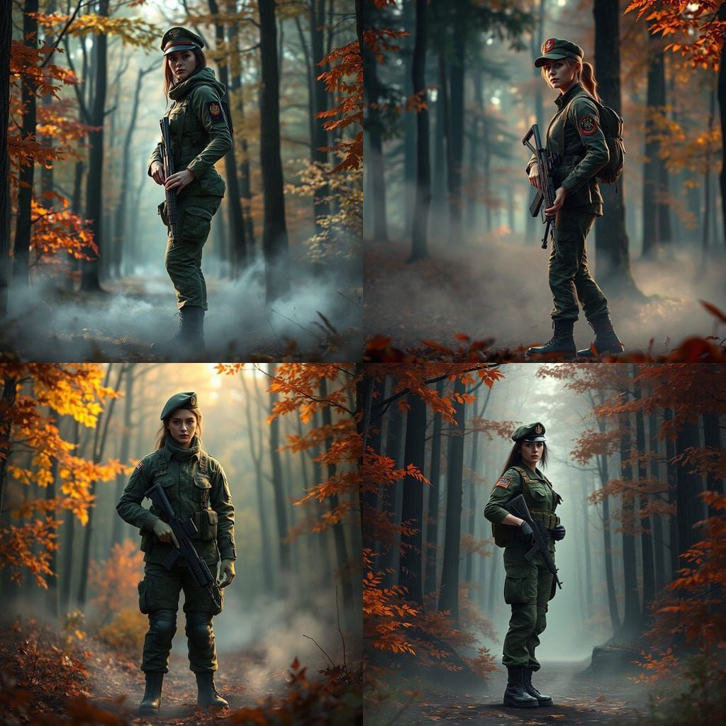 Female Soldier in Autumnal Forest, Camouflage Uniform, Ultra...