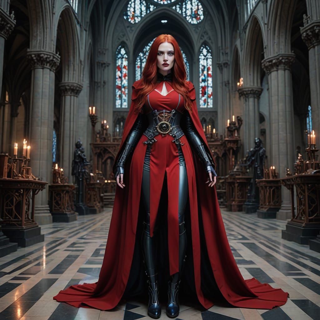 Cybernetic Gothic Priestess in Ancient Cathedral