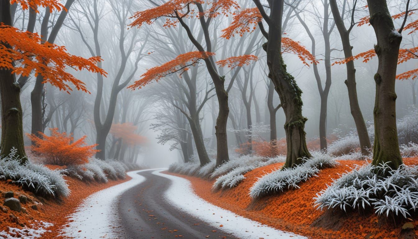 Misty Autumn Forest Path with Glowing Leaves and Snow-White ...