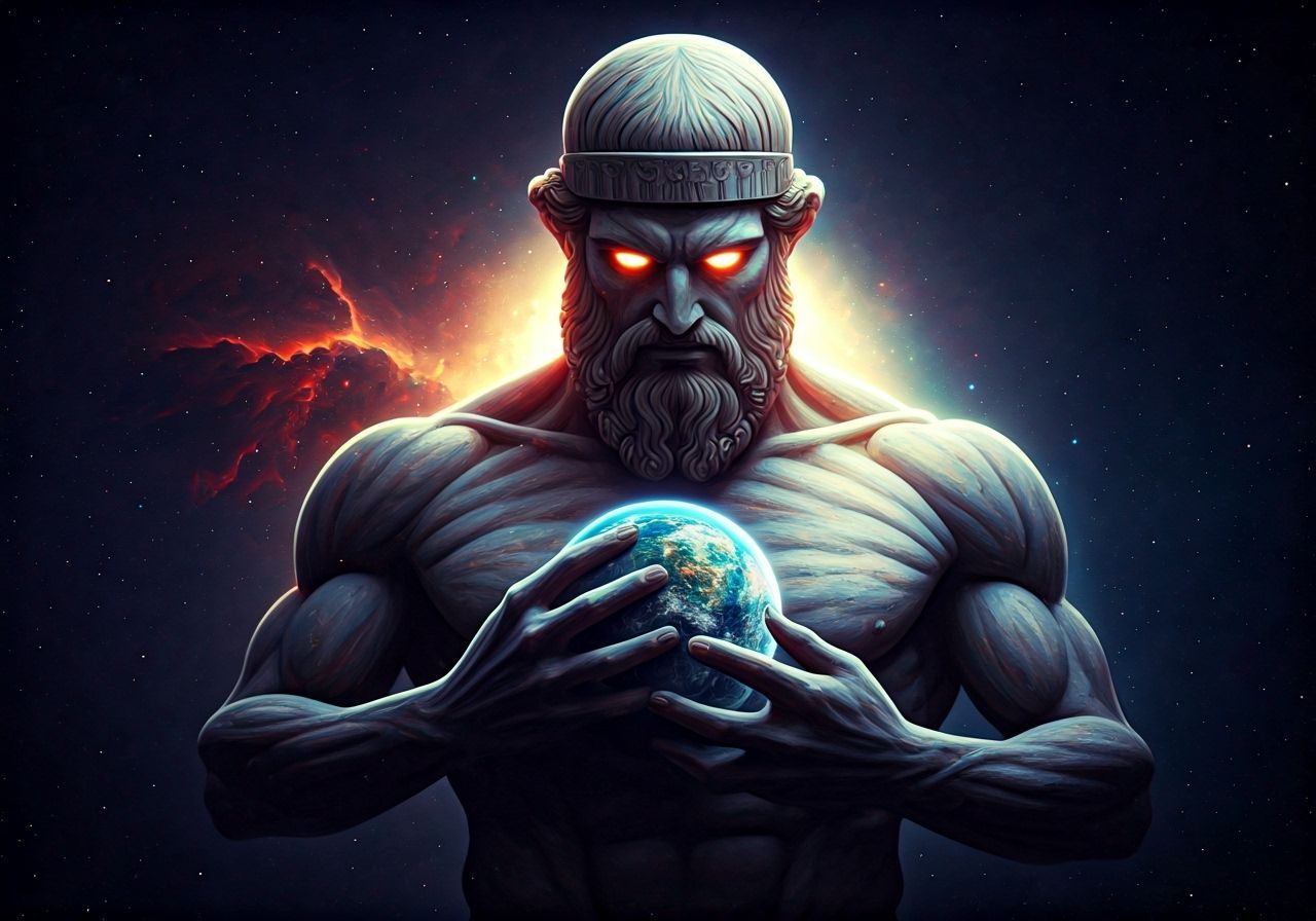 Cosmic Titan in Swirling Galaxy, Holding Planet - Matte Pain...