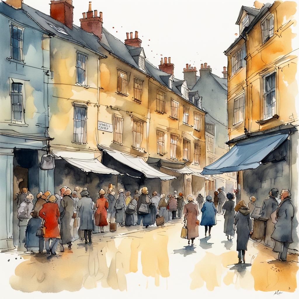 Lively 18th Century Town Street in Watercolor Style