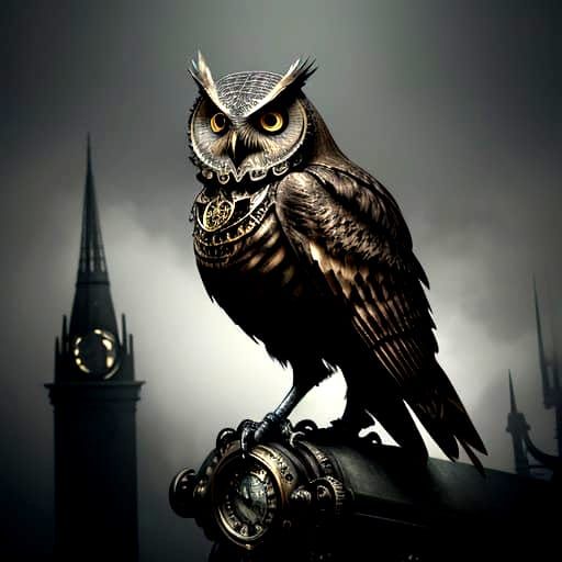 Steampunk Mechanical Owl on Gargoyle in Foggy Victorian City
