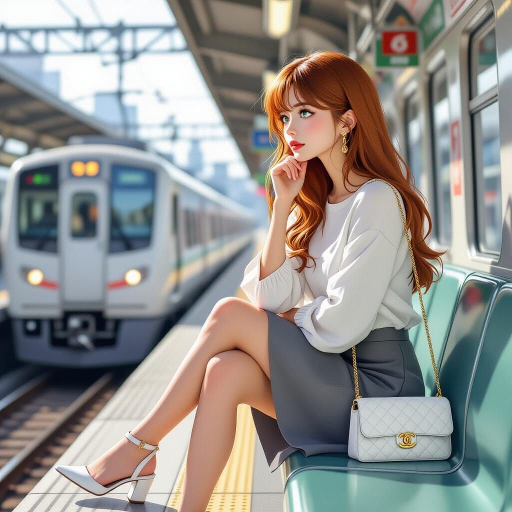 Japanese Woman on Train in Anime Key Visual Style